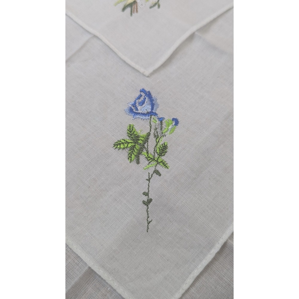 Hand Embroidered White Cotton Handkerchief Blue Flowers - Set Of 4 - - Picture 3 of 10